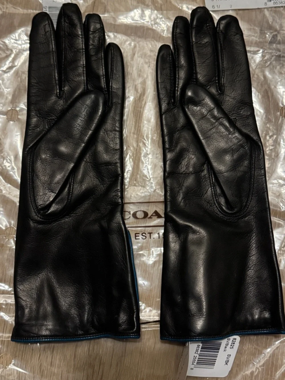 🔥NWT🔥 Coach 3 Silver Turnkey Black  Leather Cashmere Lined Size 6.5 Gloves - Picture 3 of 7